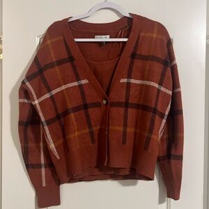 2 Piece Tank and Button Cardigan. Orange Plaid.
